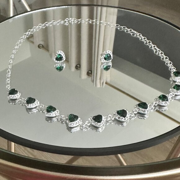 Sterling Silver 925 Choker Heart Green Zircons Stunning Set & Earrings - Picture 8 of 12